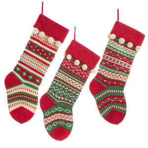 Red, Green & White Heavy Knit Stockings, 3 Assorted