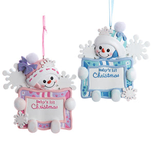 Baby's 1st Christmas Snow Boy & Snow Girl With Sign Ornament For Personalization, 2 Assorted