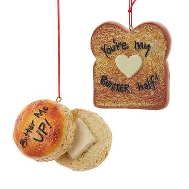 Toast & Biscuit Bun Ornament wit Saying, 2 Assorted