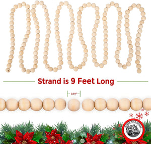 9 Foot Natural Wood Bead Christmas Garland | Wood Ball Christmas Tree Garland Perfect for Rustic Natural Country Farmhouse Tree