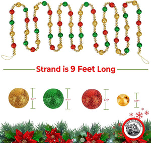 9 Foot Red, Green, Gold Vintage Glitter Bead Christmas Garland Decoration