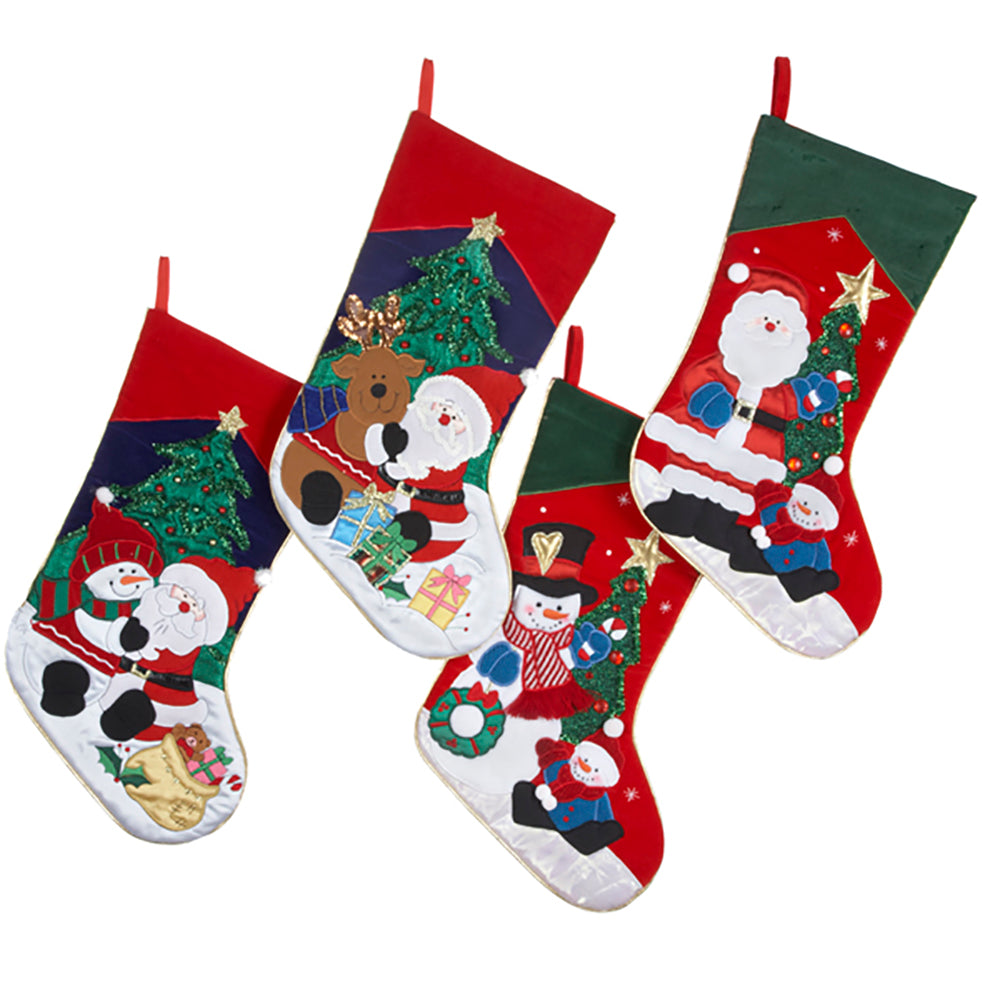 Embroidered Santa and Snowman Stockings, 4 Assorted