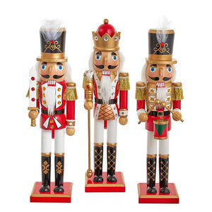 15" Red and White Soldier and King Nutcrackers, 3 Assorted