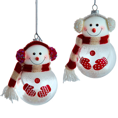 Glass Red and White Snowman With Scarf & Earmuffs Ornaments, 2 Assorted