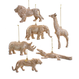 Platinum Gold Glittered Animal Ornament, lion, giraffe, elephant, rhinoceros, alligator, tiger