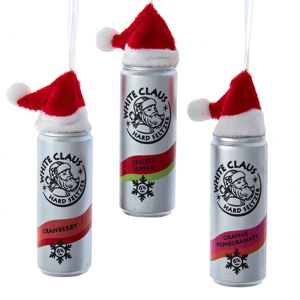 White Claus Seltzer With Santa Hat Ornaments, 3 Assorted