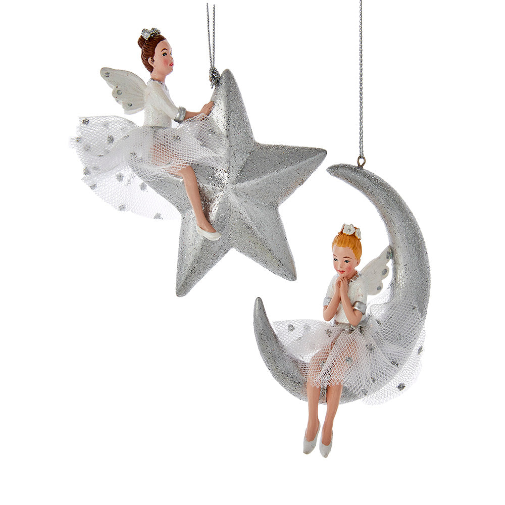 Silver and White Little Fairy Moon and Star Ornaments, 2 Assorted