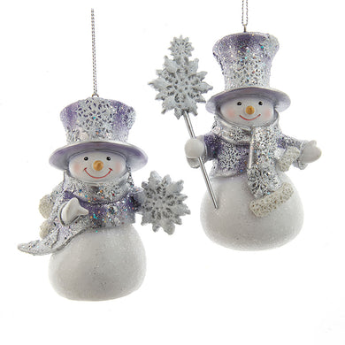 Icy White Periwinkle Snowman Ornament, 2 Assorted