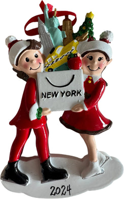 New York Skating Couple Shopping with NYC Landmark Ornament Personalization