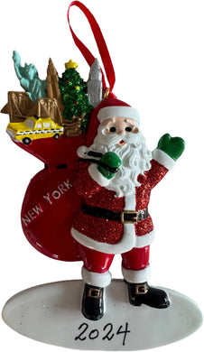 New York Santa Holding Red Sack Filled With Liberty, Taxi Ornament for Personalization