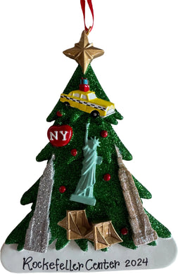 New York Glitter Christmas Tree with NYC Landmark Ornament Personalization