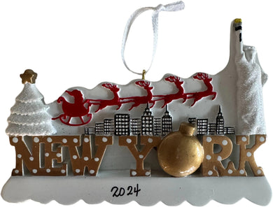 New York Skyline with Santa Flying over Buildings with Statue of Liberty Ornament