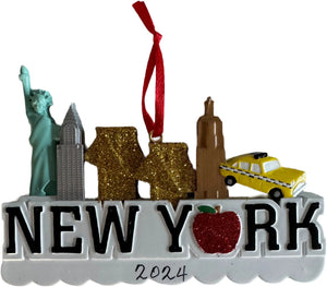 New York SKYLINE ORNAMENT with Liberty, Taxi and Empire building Personalization