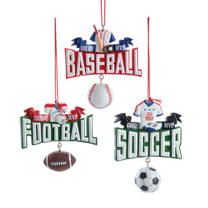 Soccer, Baseball, Football Sport Ornament for Personalization, 3 Assorted