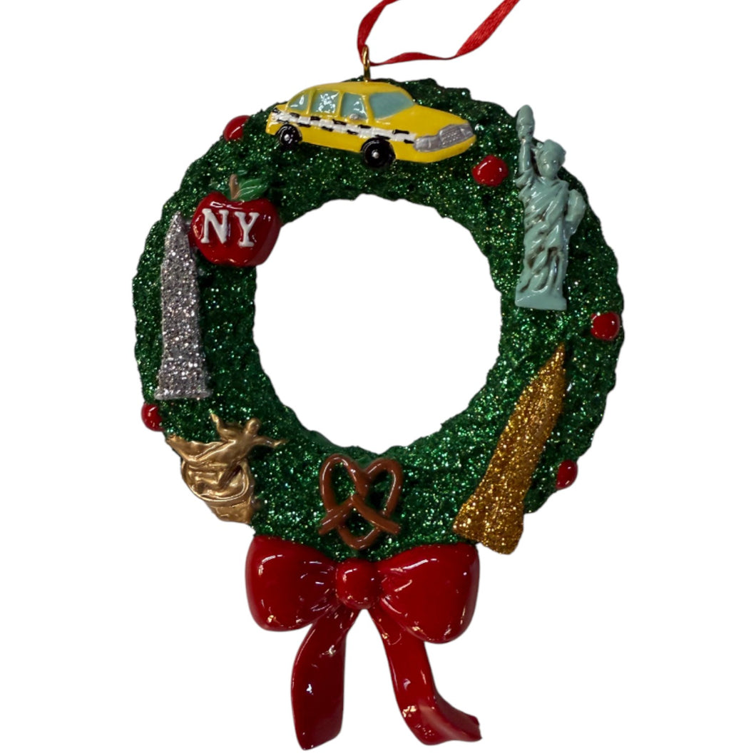 New York Glitter Wreath Ornamentmwith NYC taxi, statue of liberty, pretzel, empire