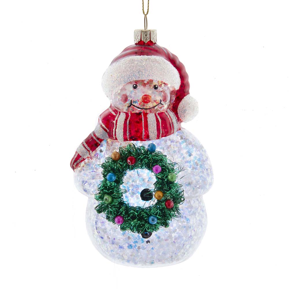 Glass Red and Green Glittered Snowman Ornament