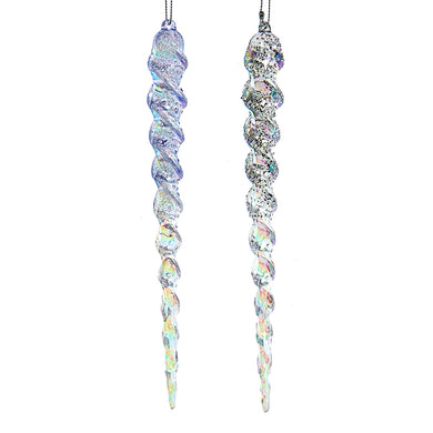 Iridescent Lavender Blue, Clear and Silver Icicle Ornaments, Set of 2