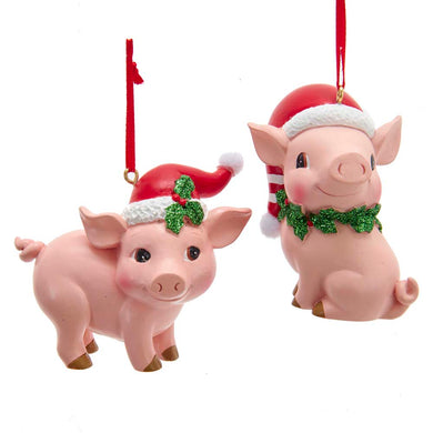 Pink Pig Animal With Santa Hat Ornament, 2 Assorted