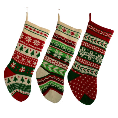 Red, Green and Ivory Knit Snowflake and Christmas Tree Stockings, 3 Assorted