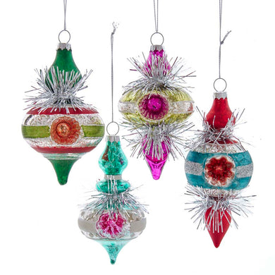 Glass Colorful Reflector Retro Finial With Tinsel Ornaments, 3 Assorted