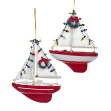 Red Sailboat With Wreath Ornaments, 2 Assorted