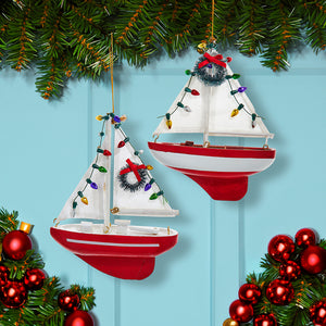 Red Sailboat With Wreath Ornaments, 2 Assorted