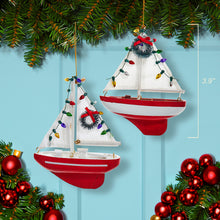 Red Sailboat With Wreath Ornaments, 2 Assorted