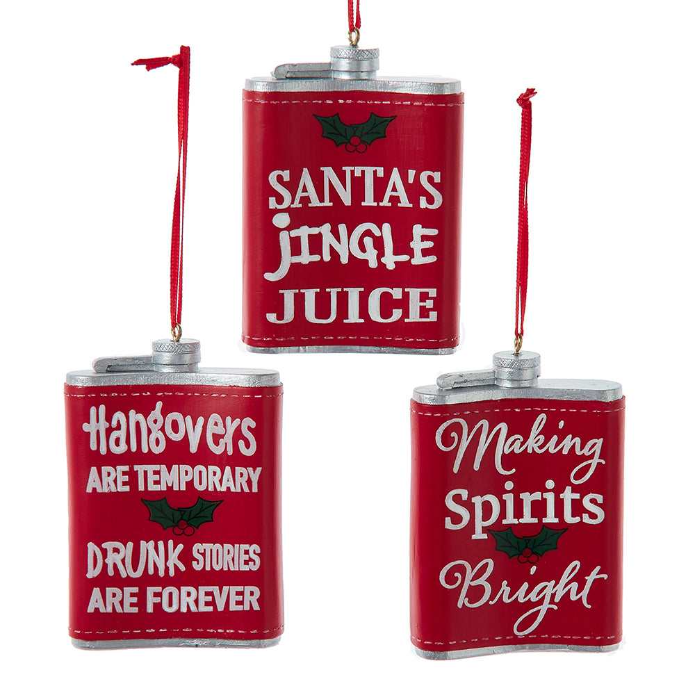 Whiskey Flask With Sayings Ornaments, 3 Assorted