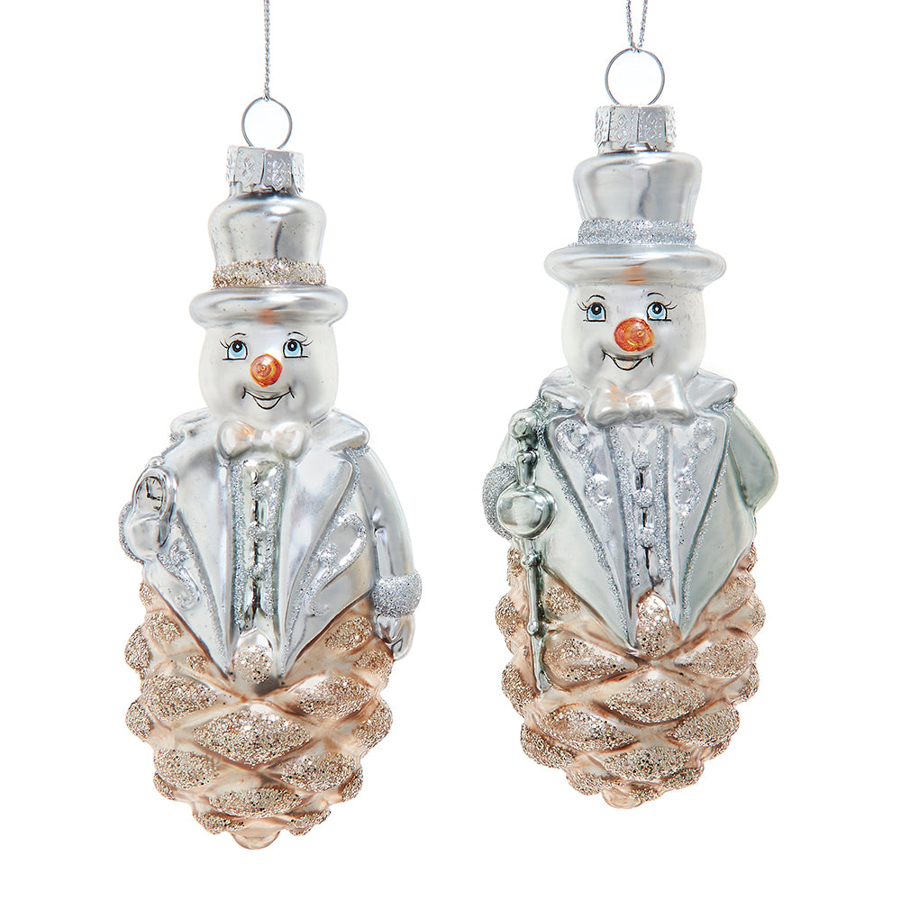 Glass Platinum and Silver Snowman on Pinecone Ornament