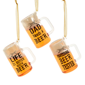 Glass Beer With Words Ornaments, 3 Assorted