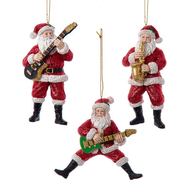 Santa With Guitar, Bass, Saxophone Ornament, 3 Assorted