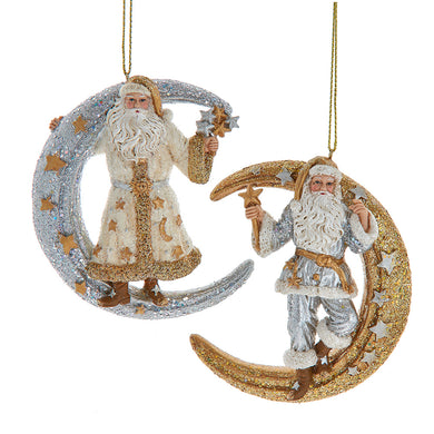 Celestial Santa On Metallic Gold and Silver Moon Ornament 2 Assorted
