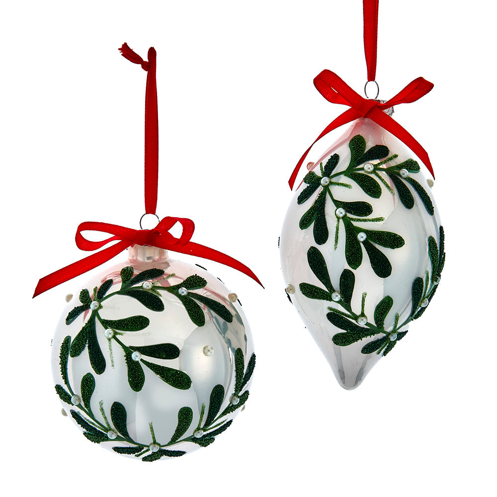 Glass Pearlized White With Mistletoe Design Ball & Drop Ornaments, CHOOSE