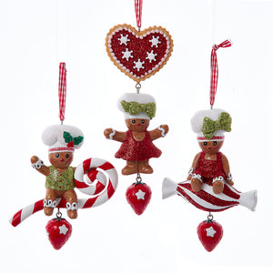 Gingerbread On Candy Cane, Candy and Cookie Dangling Heart Ornament, 3 Assorted