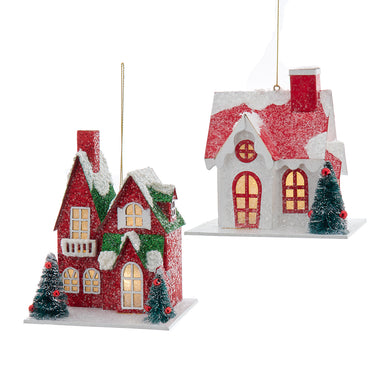 Battery Operated Lighted Paper House Holiday Ornament, 2 Assorted