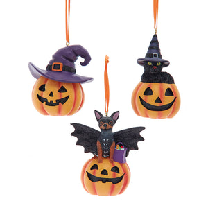 Cat &amp; Bat, Witch On Pumpkin Ornament, 3 Assorted