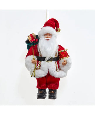 Red & White Santa Holding Gift Bag & Drum Ornament