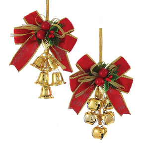 Red and Gold Bow With Bells Ornaments, 2 Assorted