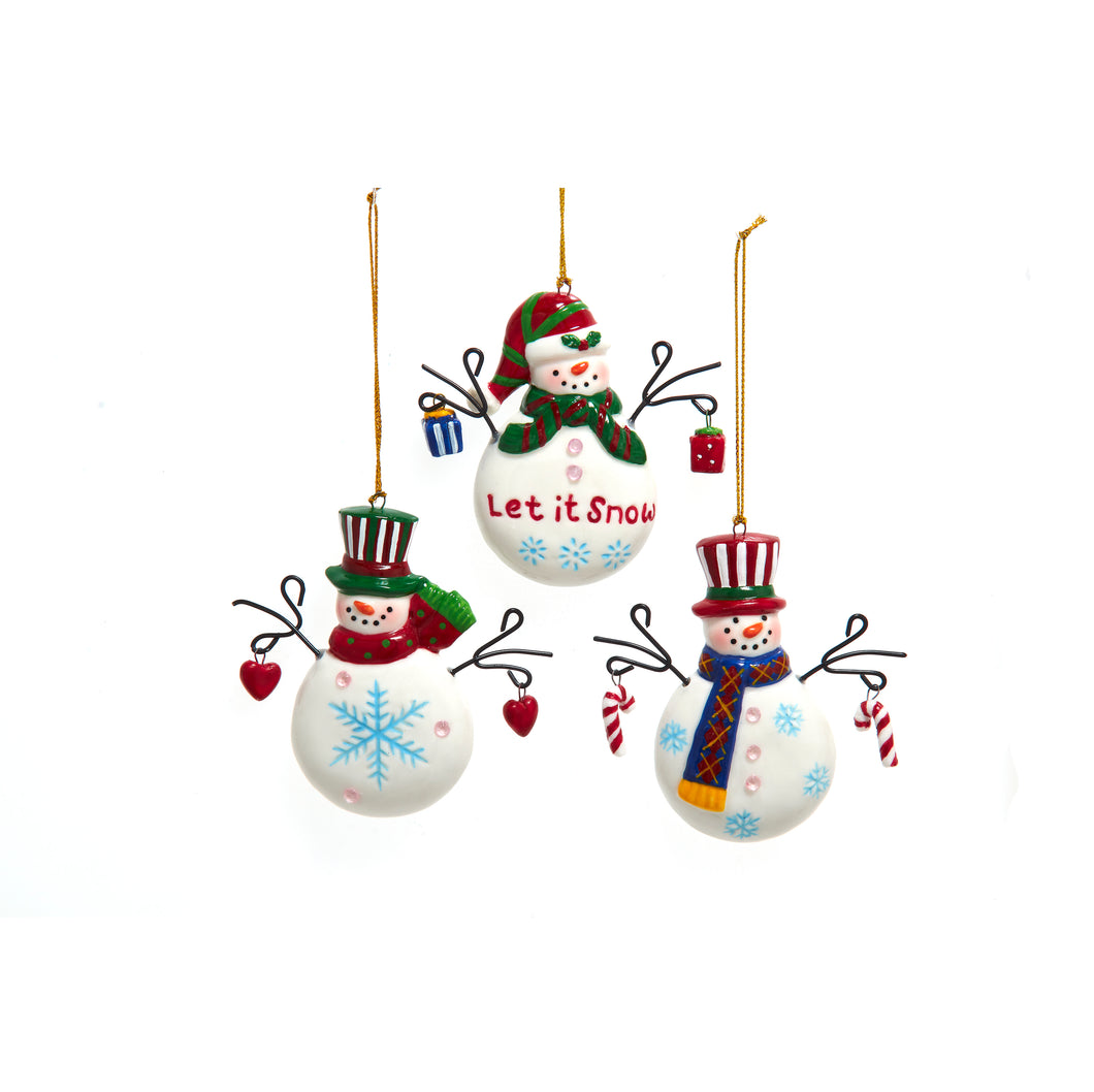 Porcelain Snowman Ornament, 3 Assorted