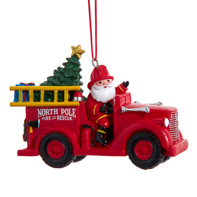 Santa In Firetruck Ornament