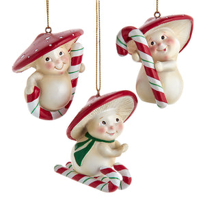 Candy Cane Mushroom Snowman Ornament, 3 Assorted