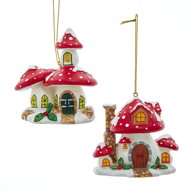 Merry Little Mushroom Church  and Cottage Ornament, 2 Assorted