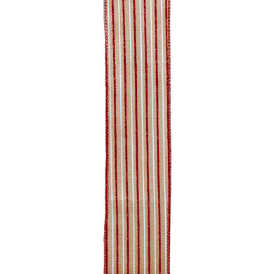 Tan With Red Glitter & White Striped Double Wire Ribbon