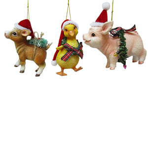 Farm Animals Wearing Santa Hats Ornament, 3 Assorted