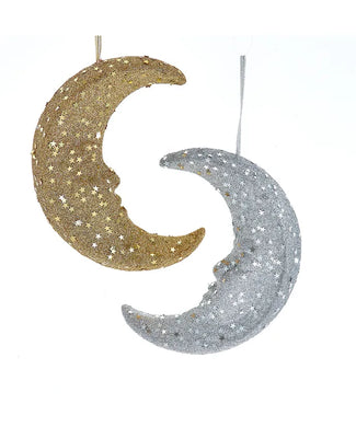 Silver and Gold With Star Shaped Sequins Moon Ornament, Set of 2