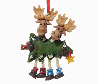 Moose Couple Carrying A Christmas Tree Ornament For Personalization