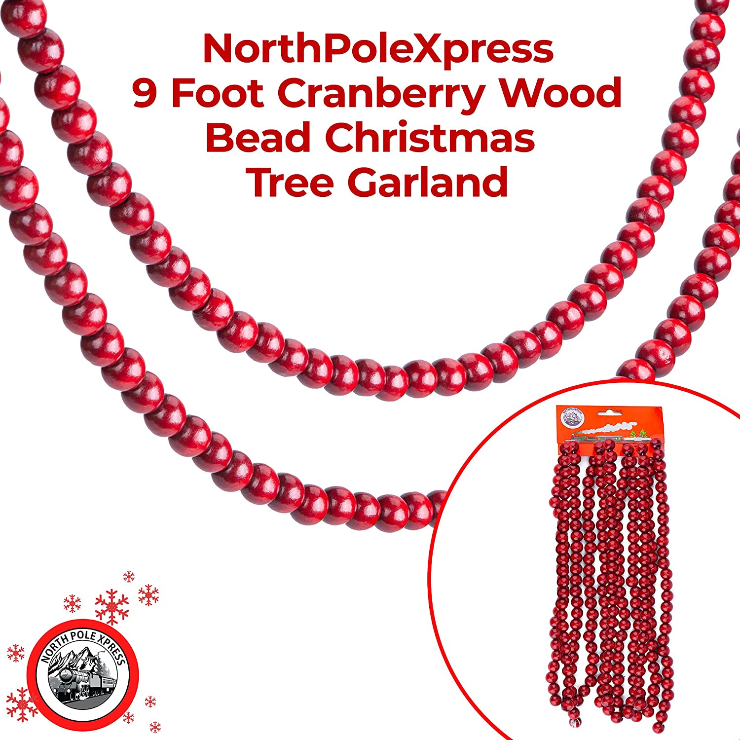 3 Strands CHRISTMAS Tree / Farmhouse Wooden Cranberry RED BEAD GARLAND / 27  Ft