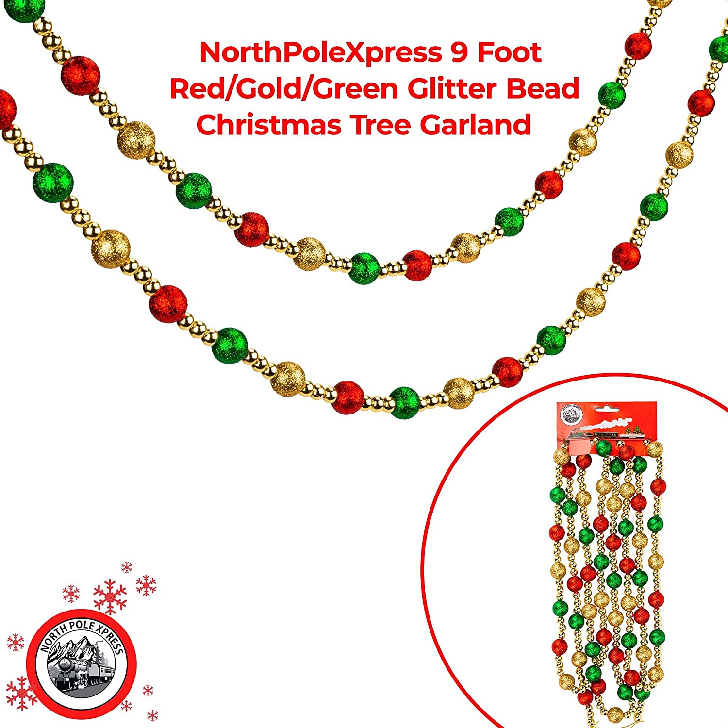 9-Foot Rustic Bright Red, White and Green Wood Bead Garland Christmas Tree  Decoration