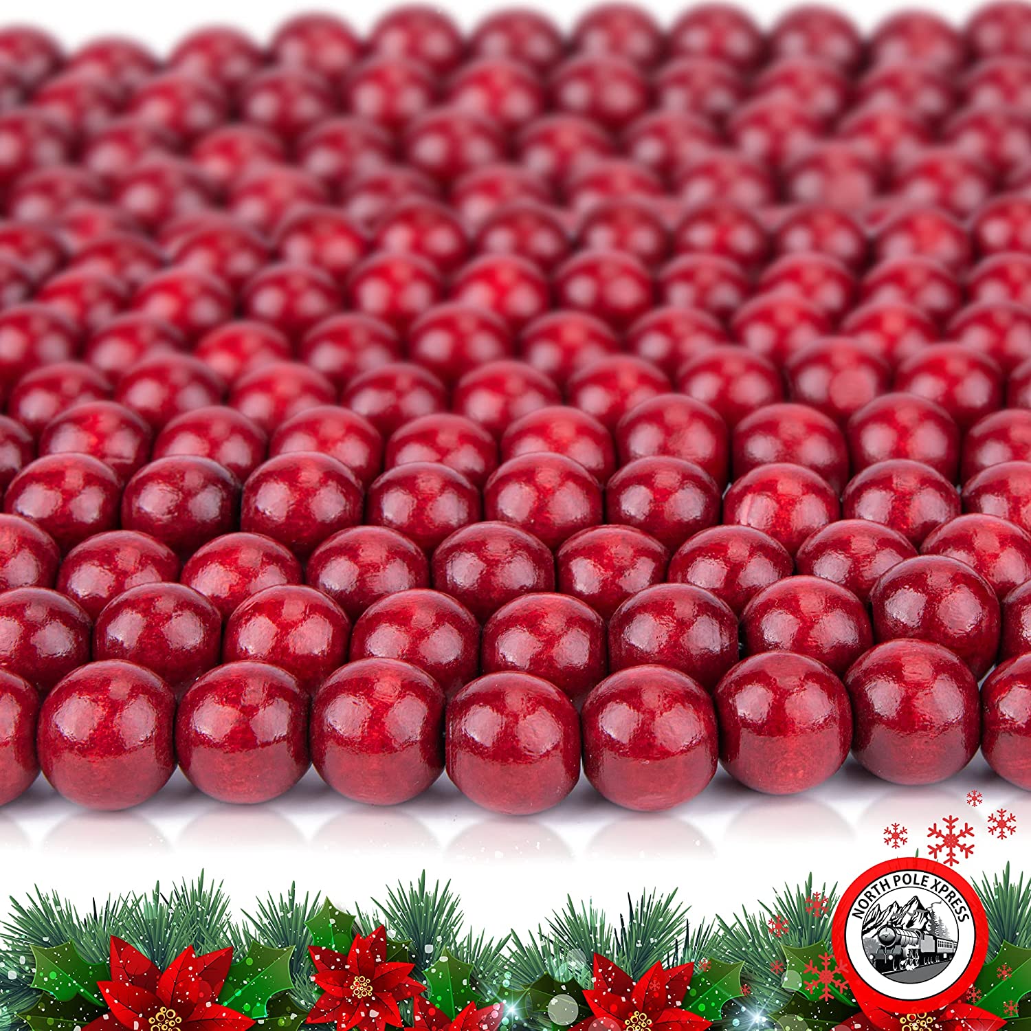 3 Strands CHRISTMAS Tree / Farmhouse Wooden Cranberry RED BEAD GARLAND / 27  Ft