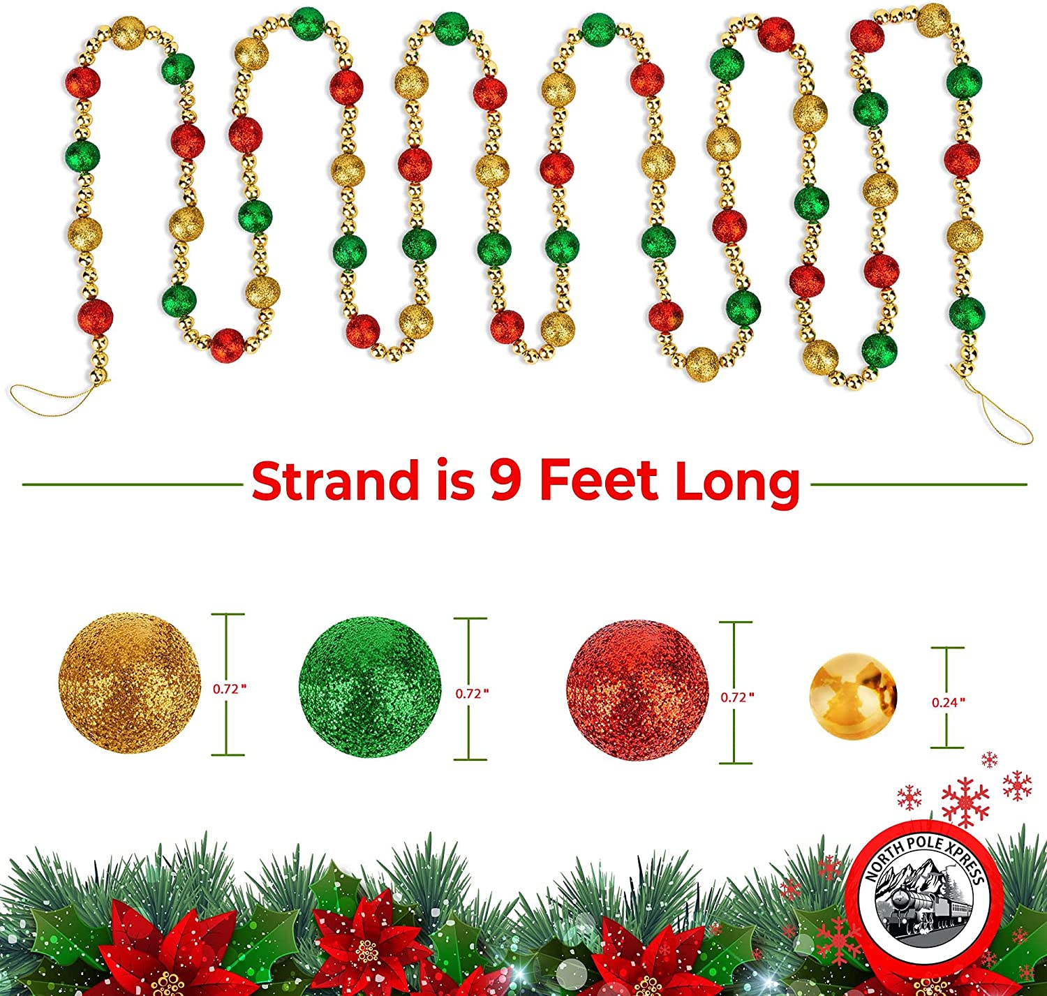 Christmas Tree Garland Gold Stars & Beads Plastic Beaded 2 Strands